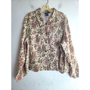 Saint Tropez West Cream w/Pink Brown Pasley 100% Linen Button Up Jacket size 3X